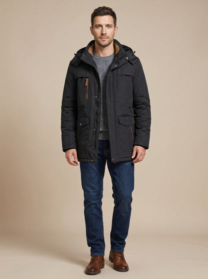 Men's Fleece-Lined Parka Jacket – Black – on model