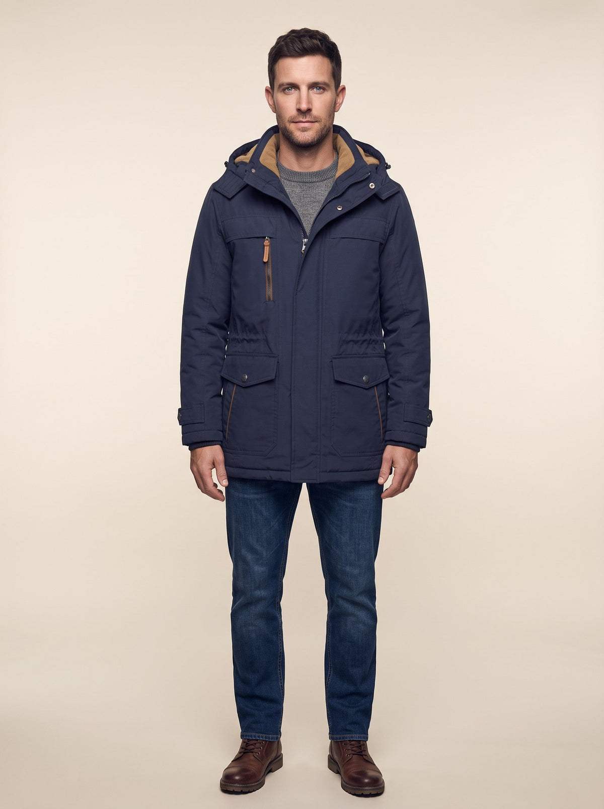 Men's Fleece-Lined Parka Jacket – Blue – on model