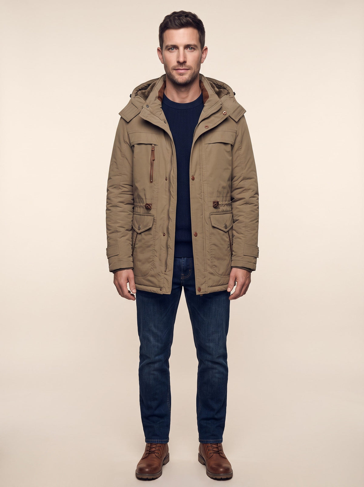Men's Fleece-Lined Parka Jacket – Brown – on model