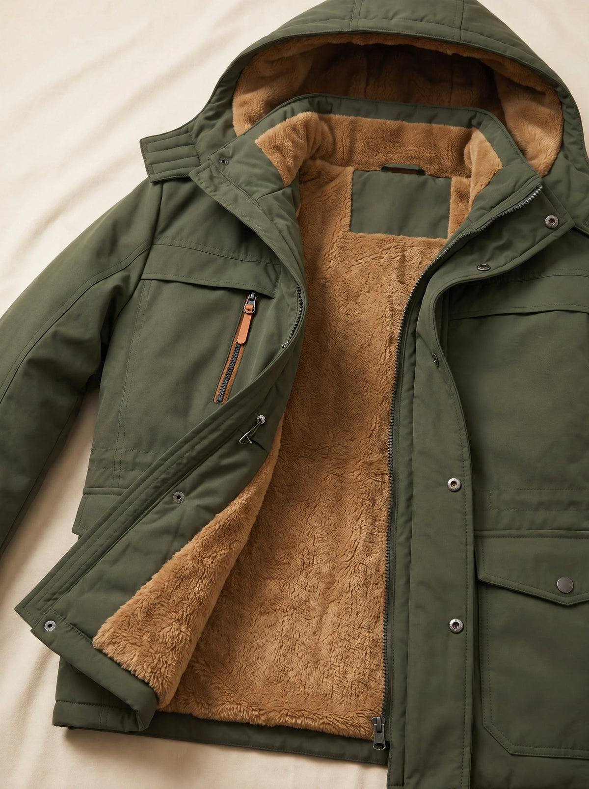 Men's Fleece-Lined Parka Jacket – Green – fleece lining detail