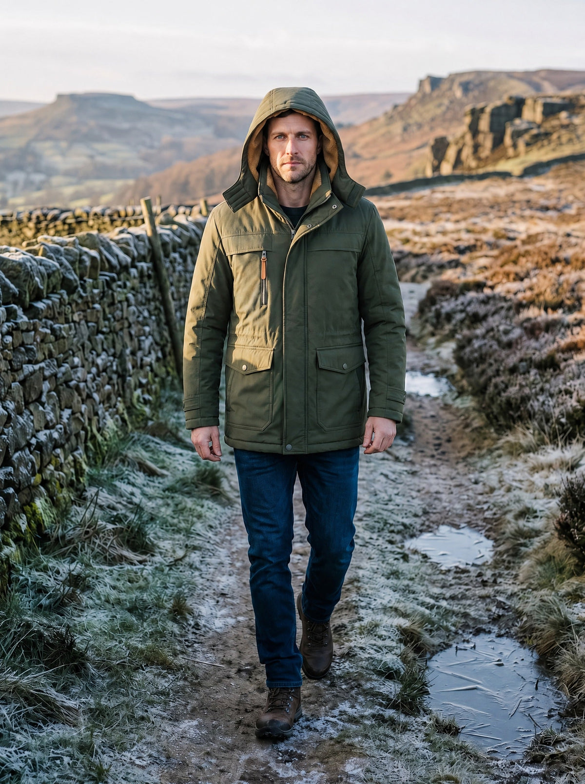 Men's Fleece-Lined Parka Jacket – Green – hood up on a frosty moor walk
