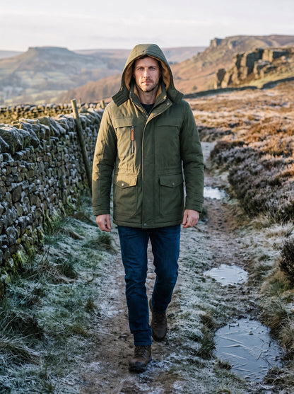 Men's Fleece-Lined Parka Jacket – Green – hood up on a frosty moor walk