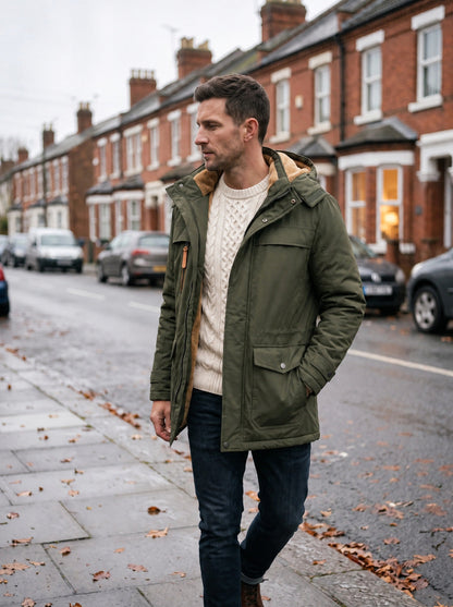 Men's Fleece-Lined Parka Jacket – Green – worn on a winter street