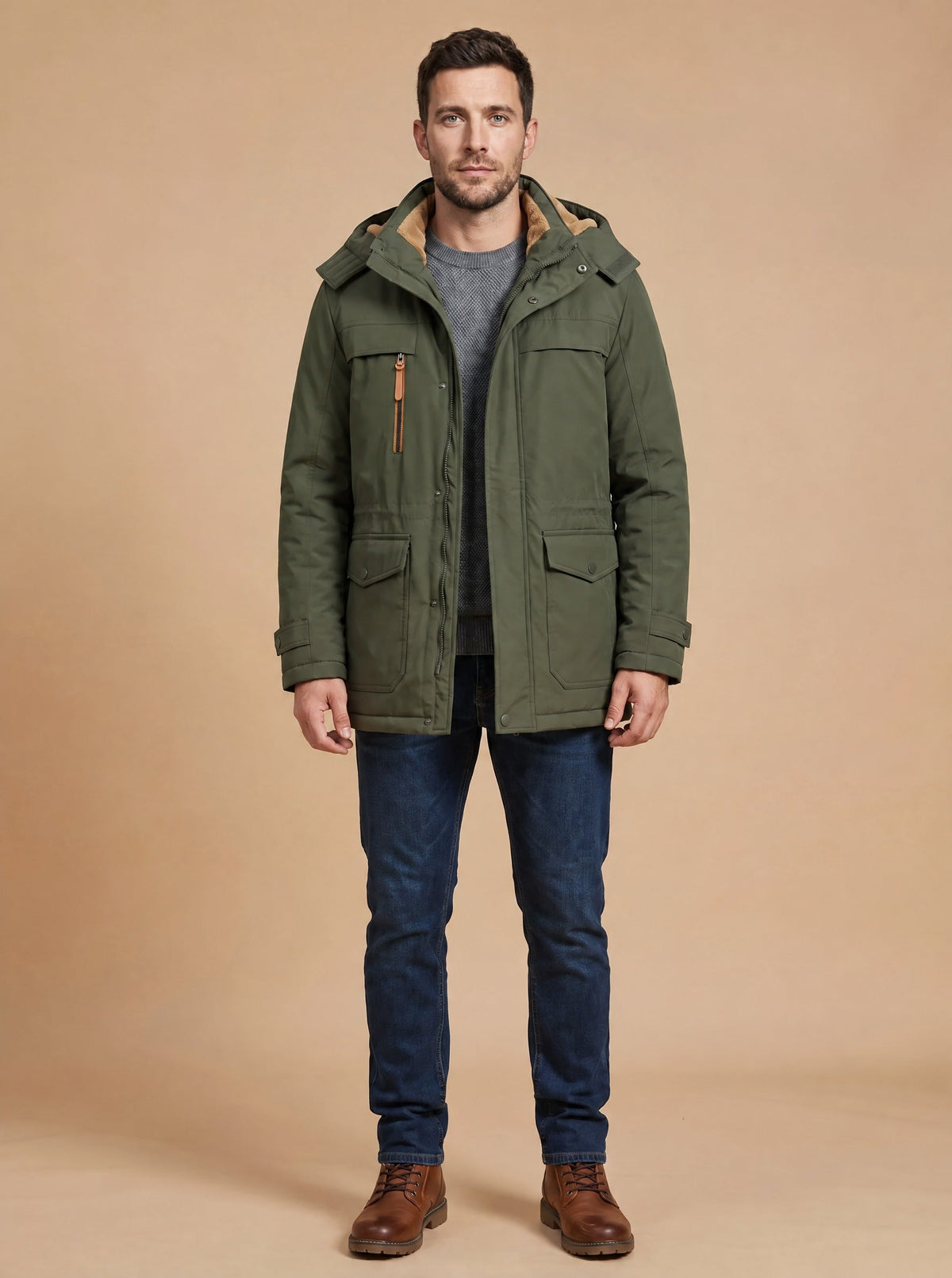 Men's Fleece-Lined Parka Jacket – Green – on model