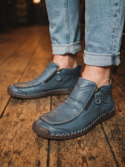 Hand-Stitched Zip Ankle Boots – Blue – on foot