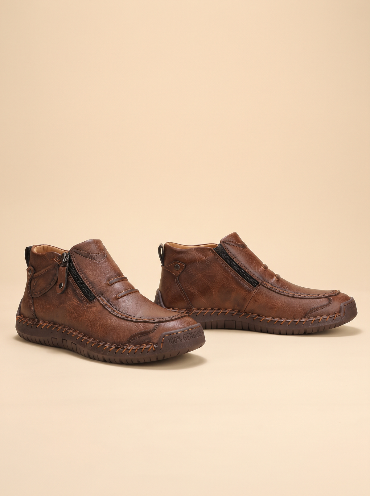 Hand-Stitched Zip Ankle Boots – Brown – product view