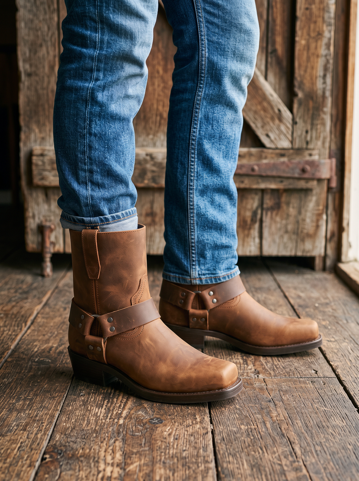 Square-Toe Harness Boots – Brown – on-foot close-up