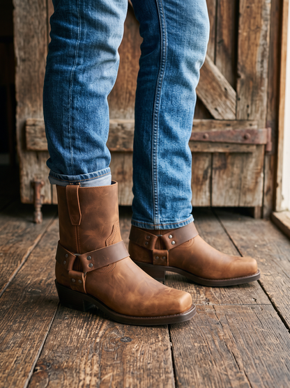 Square-Toe Harness Boots – Brown – on-foot close-up