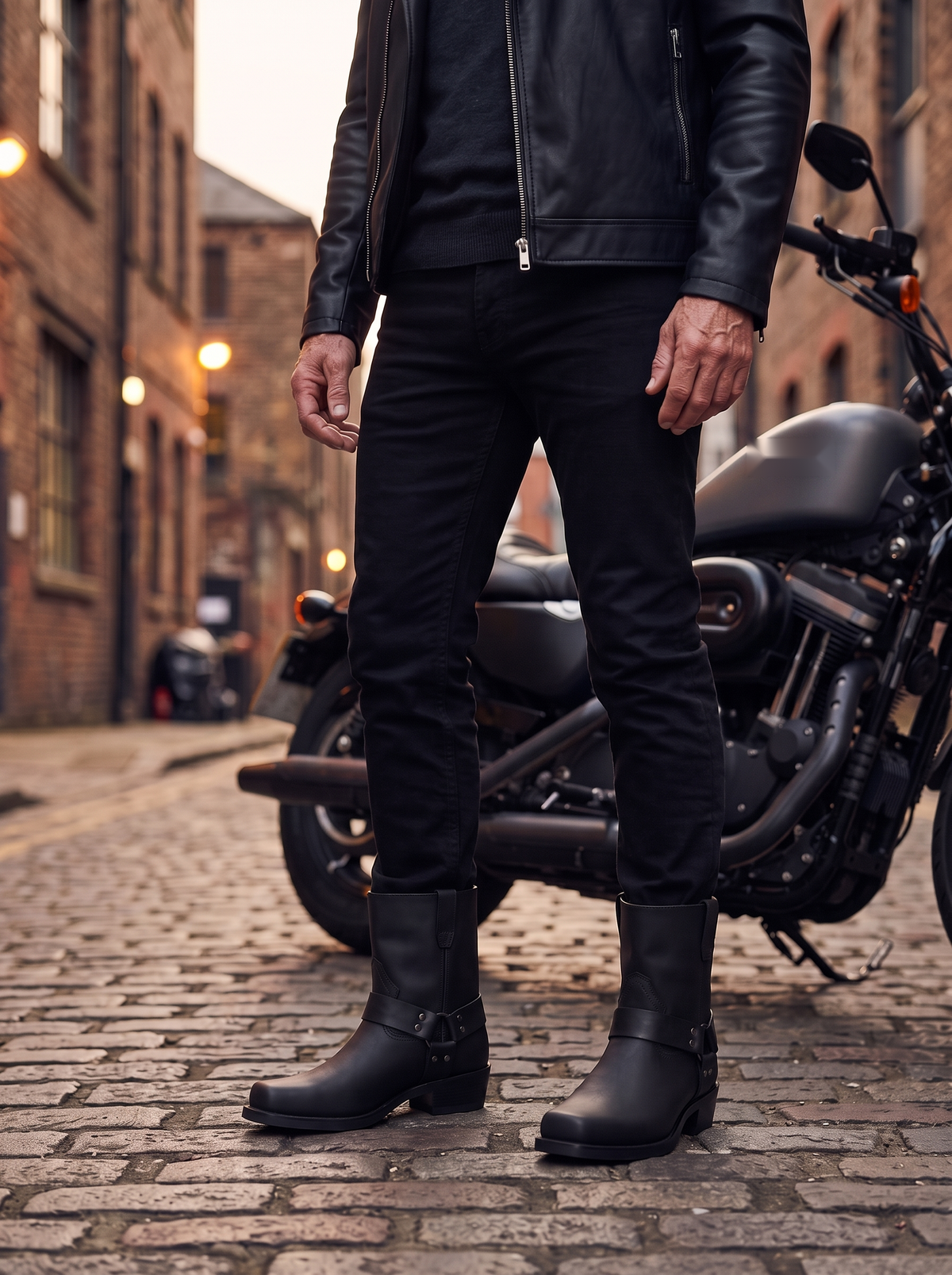 Square-Toe Harness Boots – Black – worn on a cobbled lane