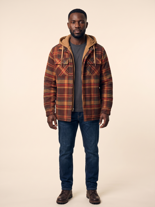 Hooded Check Shirt Jacket – Brown – on model