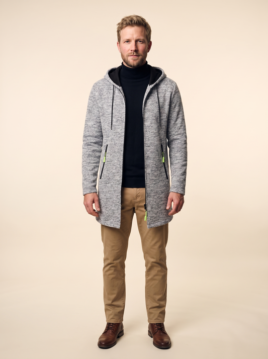 Hooded Longline Marl Coat – Light Grey – on model