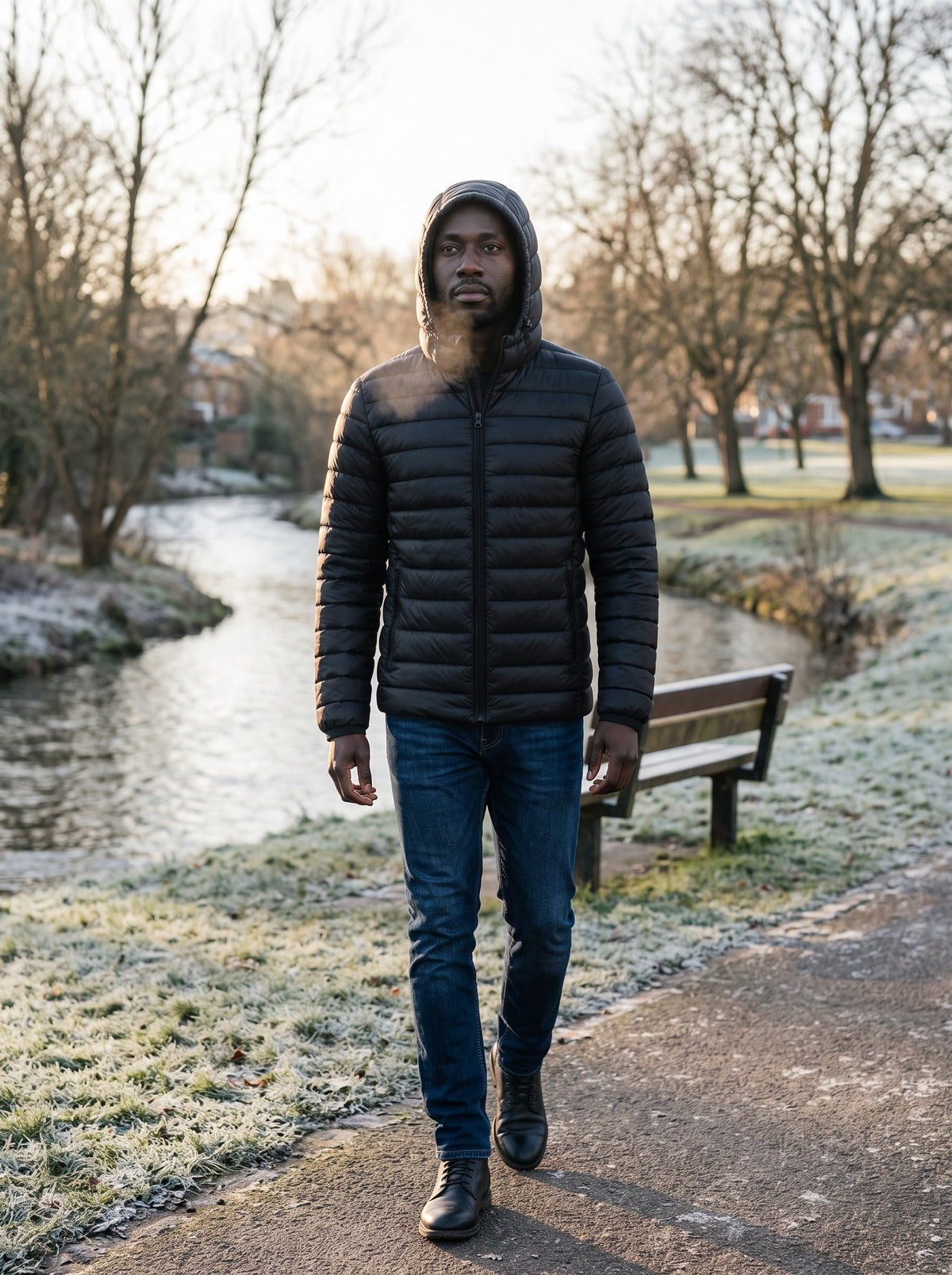 Men's Hooded Puffer Jacket – Black – hood up on a frosty park walk
