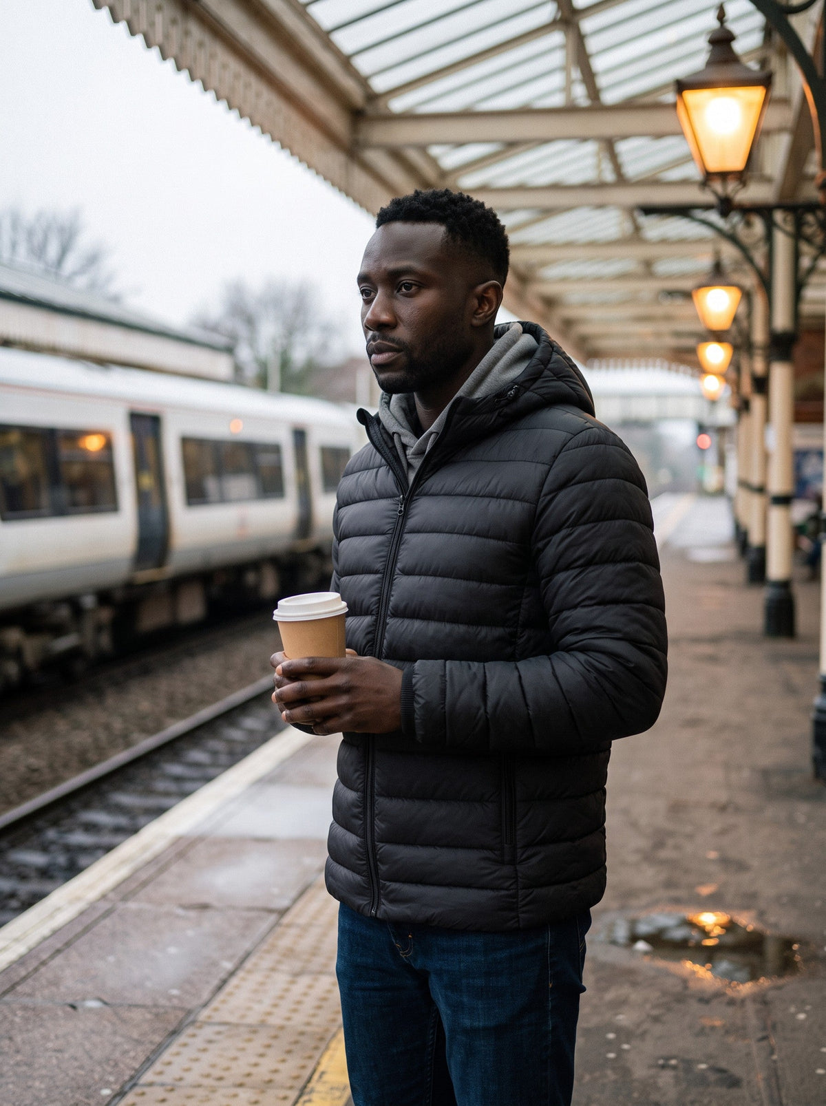 Men's Hooded Puffer Jacket – Black – worn on a winter train platform