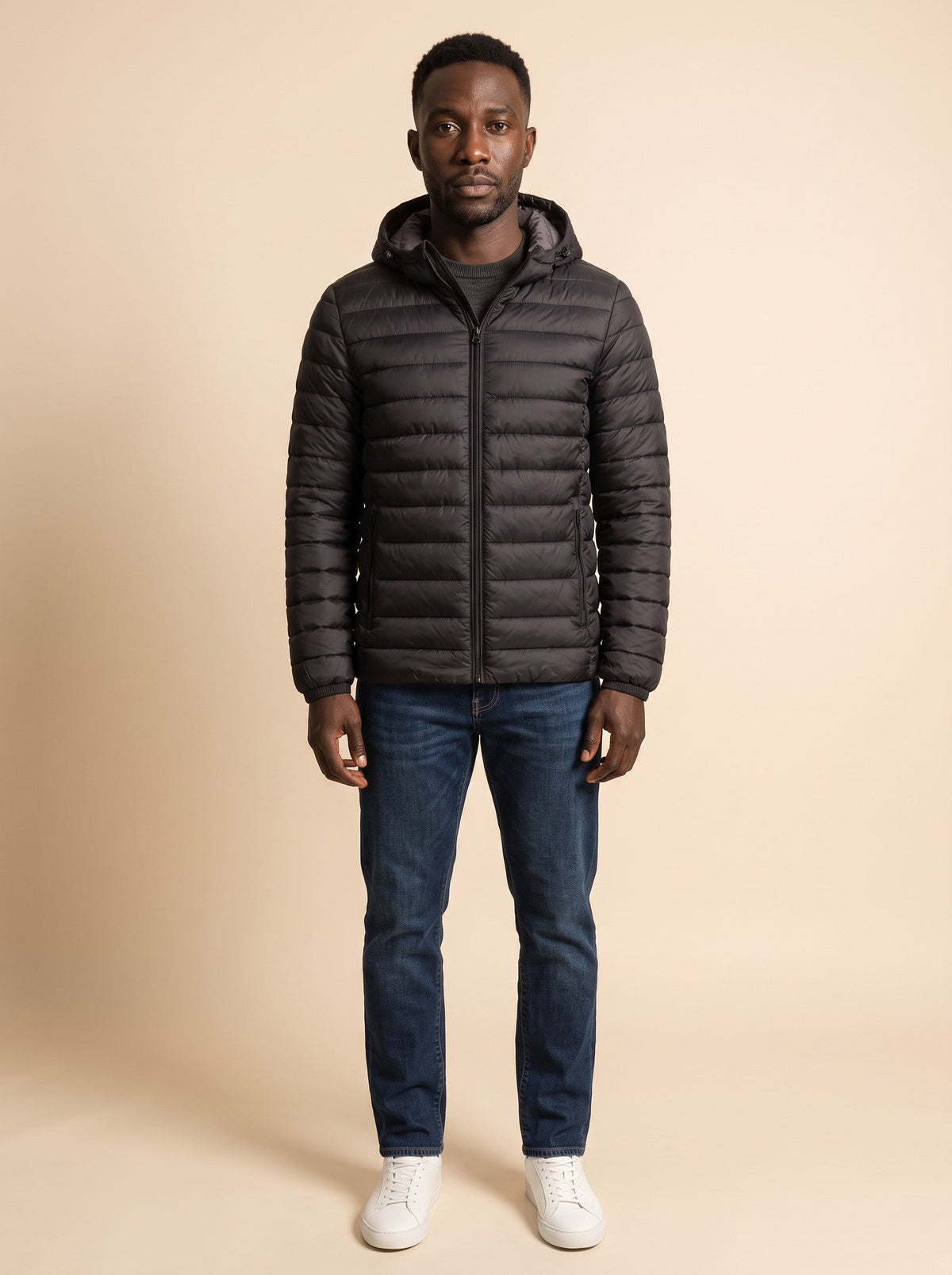 Men's Hooded Puffer Jacket – Black – on model