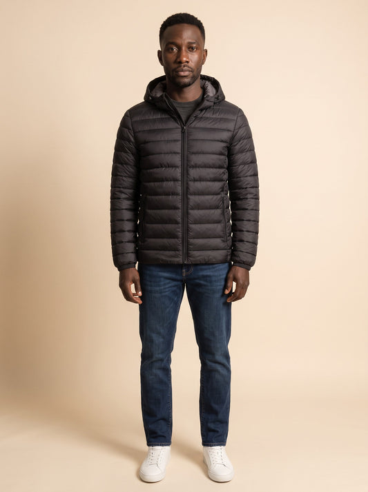 Men's Hooded Puffer Jacket – Black – on model