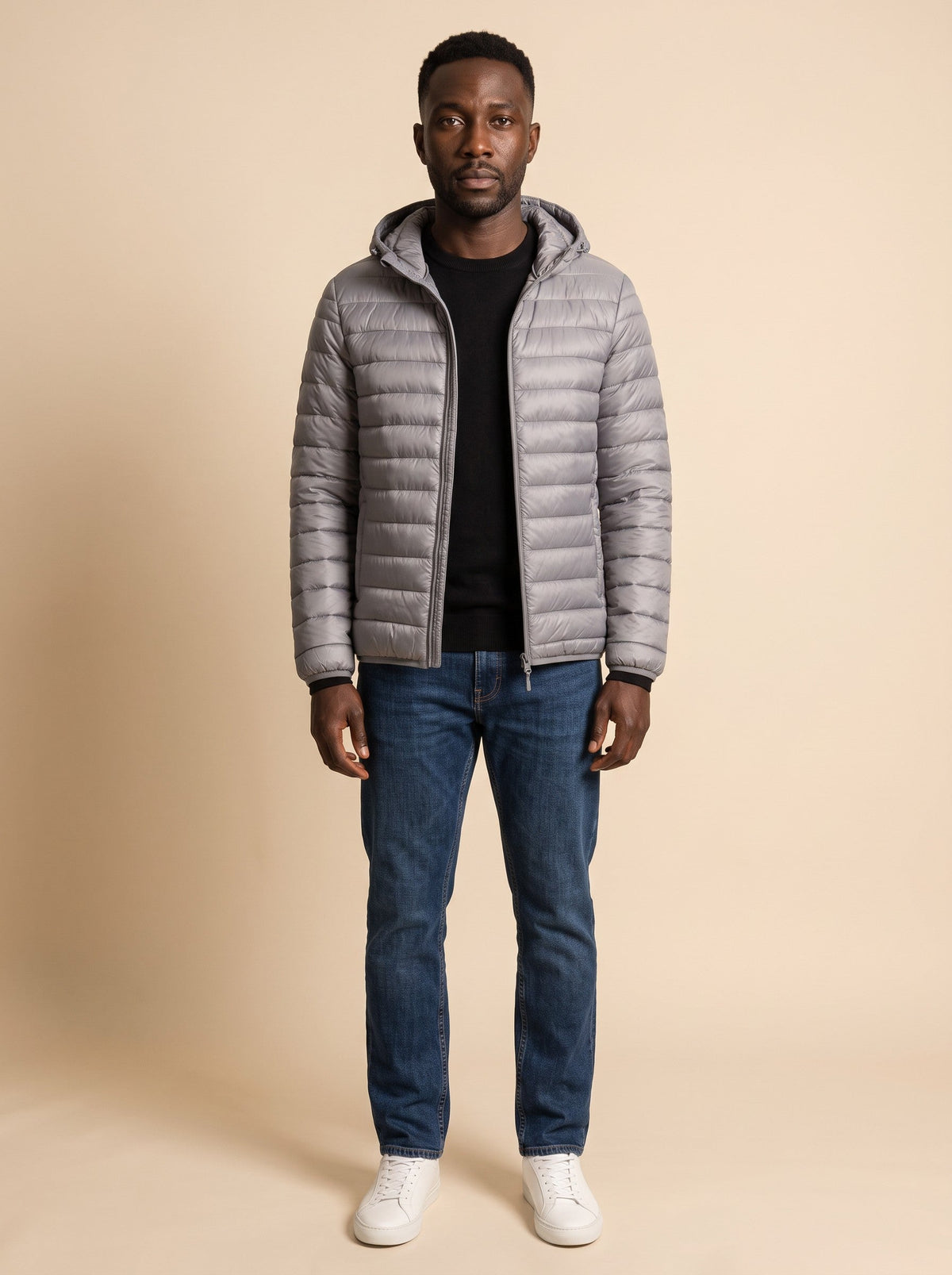 Men's Hooded Puffer Jacket – Grey – on model