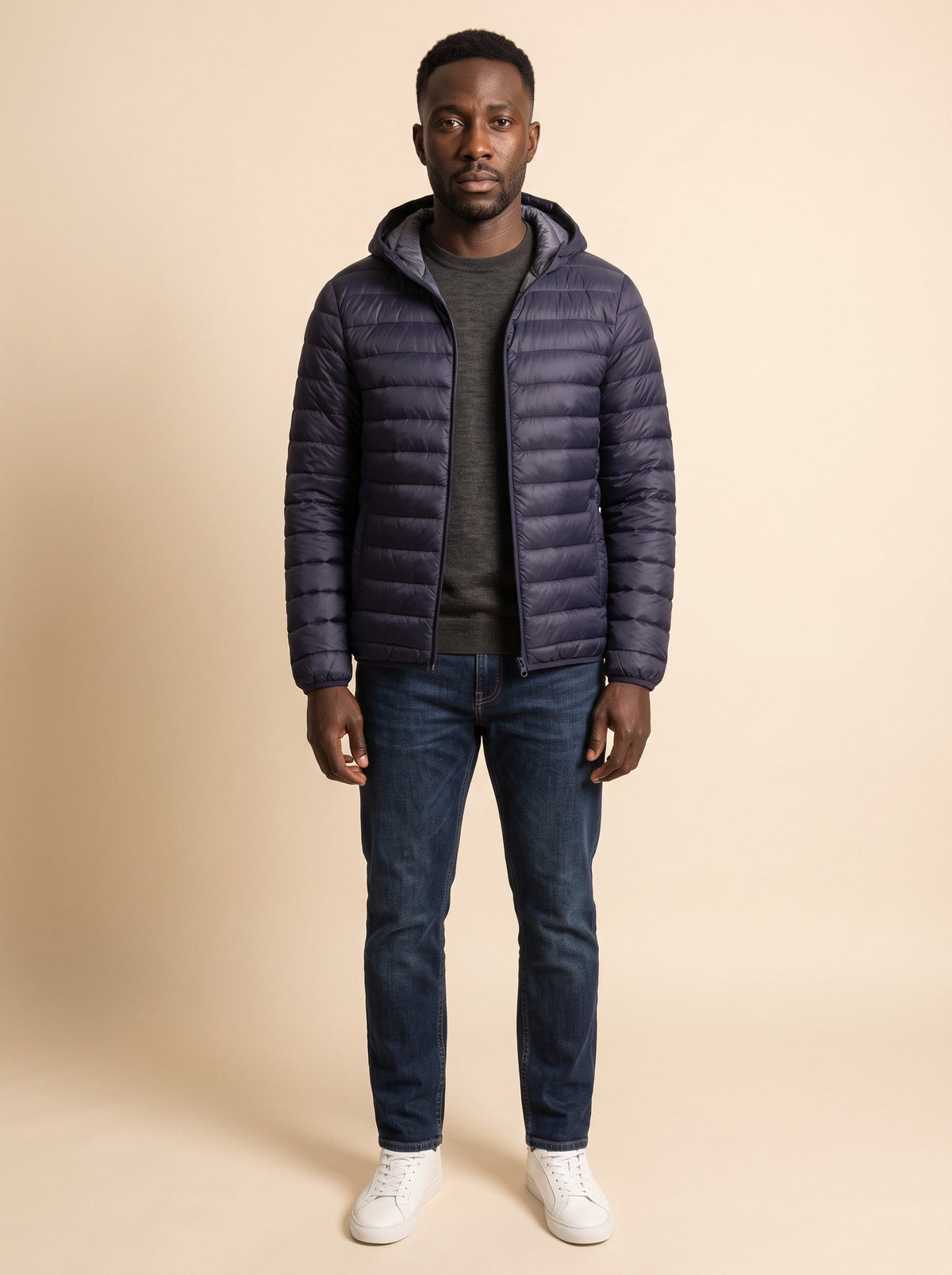 Men's Hooded Puffer Jacket – Navy Blue – on model