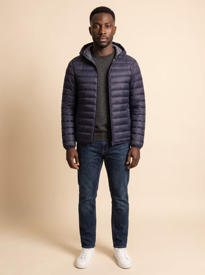 Men's Hooded Puffer Jacket – Navy Blue – on model