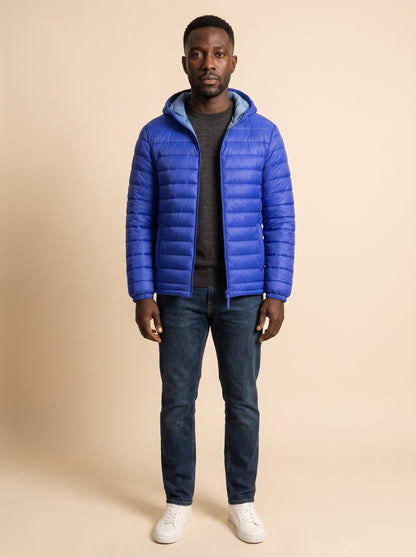 Men's Hooded Puffer Jacket – Royal Blue – on model