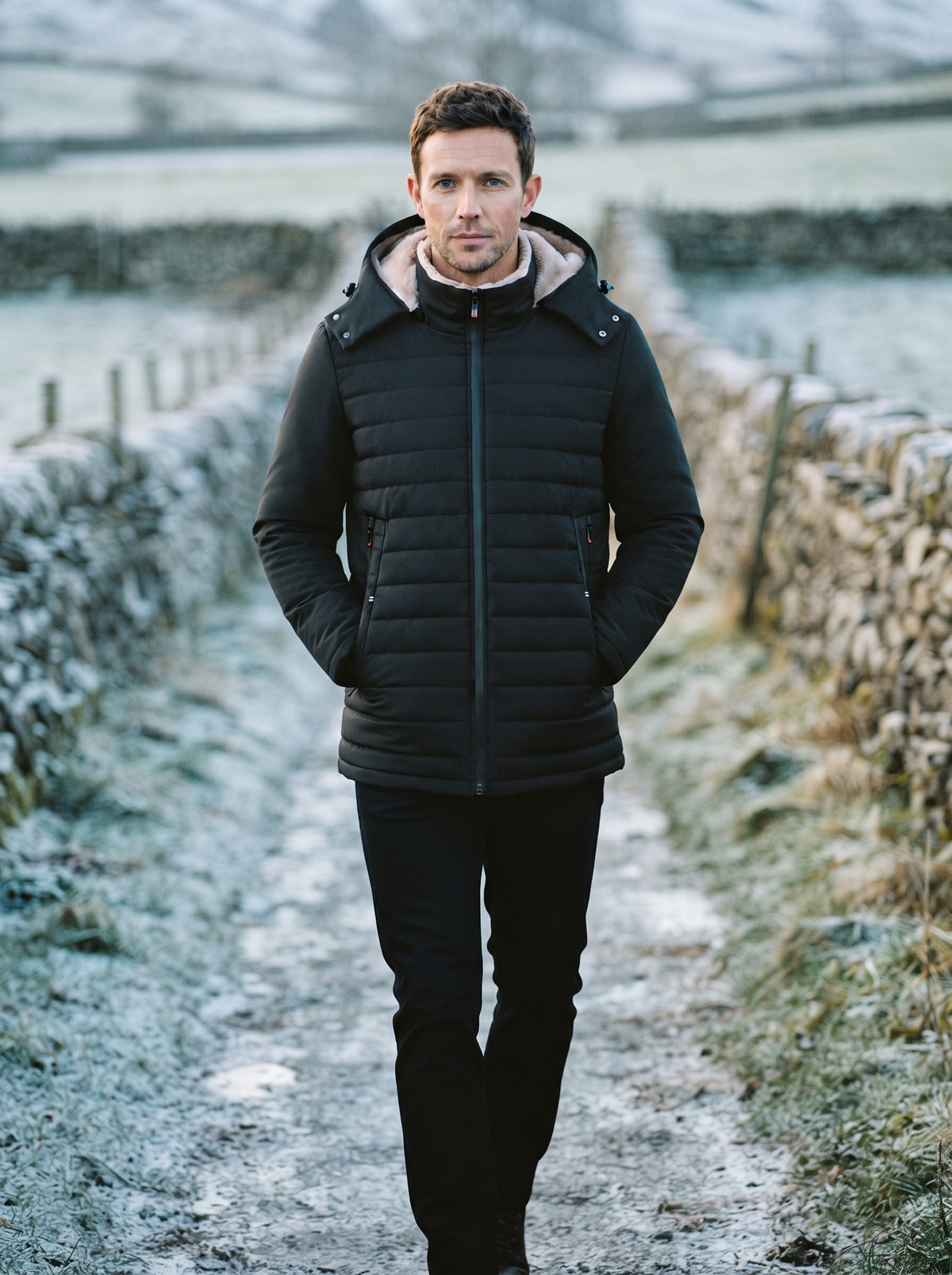 Hooded Quilted Plush-Lined Coat – Black – country walk