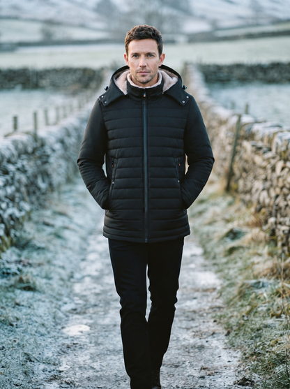Hooded Quilted Plush-Lined Coat – Black – country walk