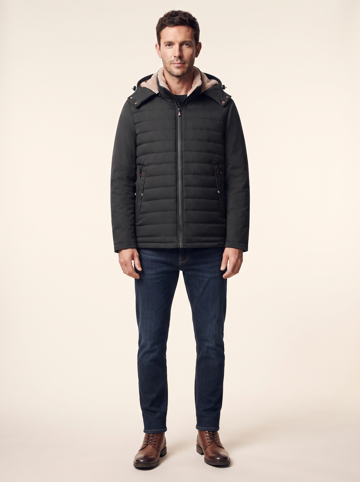 Hooded Quilted Plush-Lined Coat – Black – on model