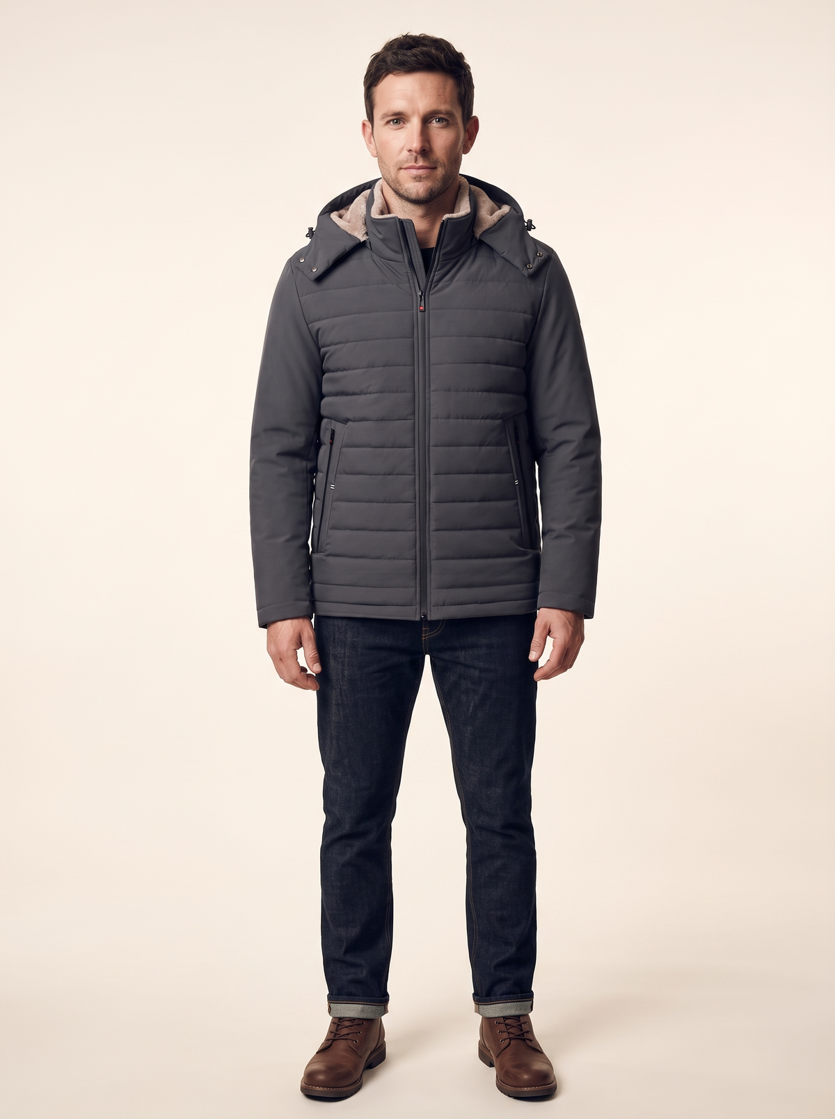 Hooded Quilted Plush-Lined Coat – Charcoal – on model