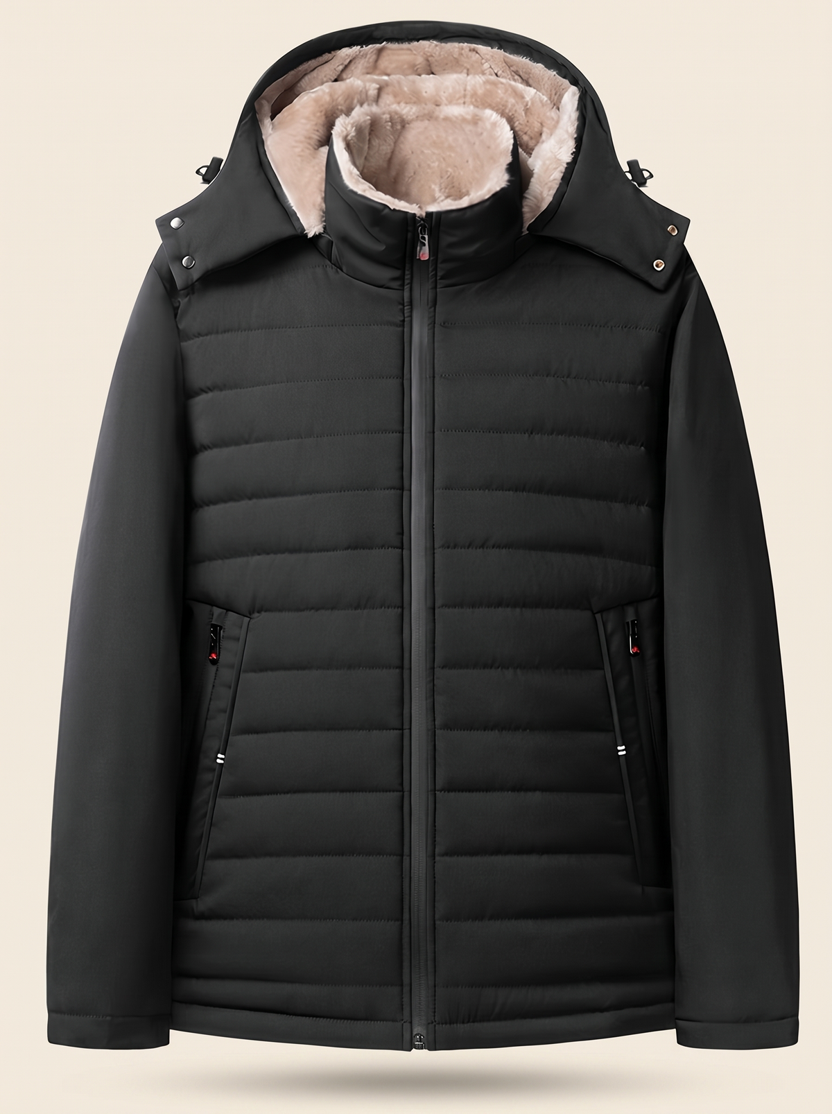 Hooded Quilted Plush-Lined Coat – Black – product view