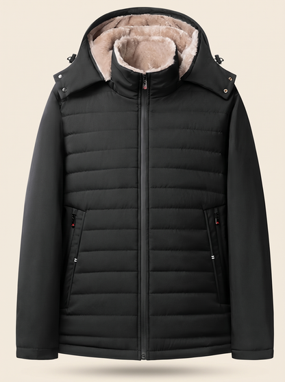 Hooded Quilted Plush-Lined Coat – Black – product view
