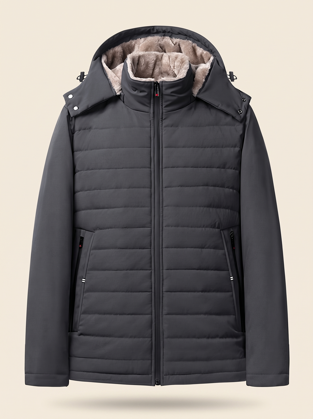 Hooded Quilted Plush-Lined Coat – Charcoal – product view