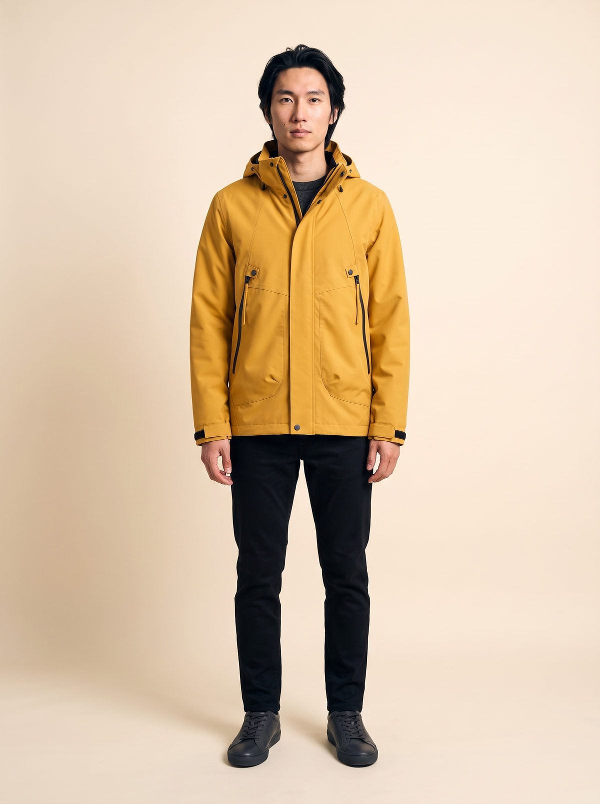 Hooded Shell Jacket – Mustard – on model