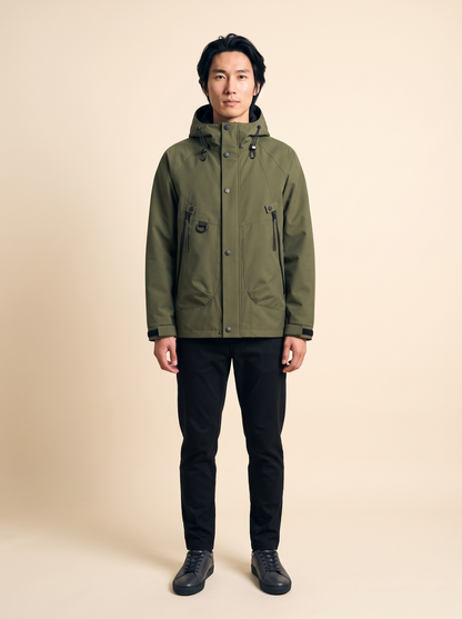 Hooded Shell Jacket – Olive – on model