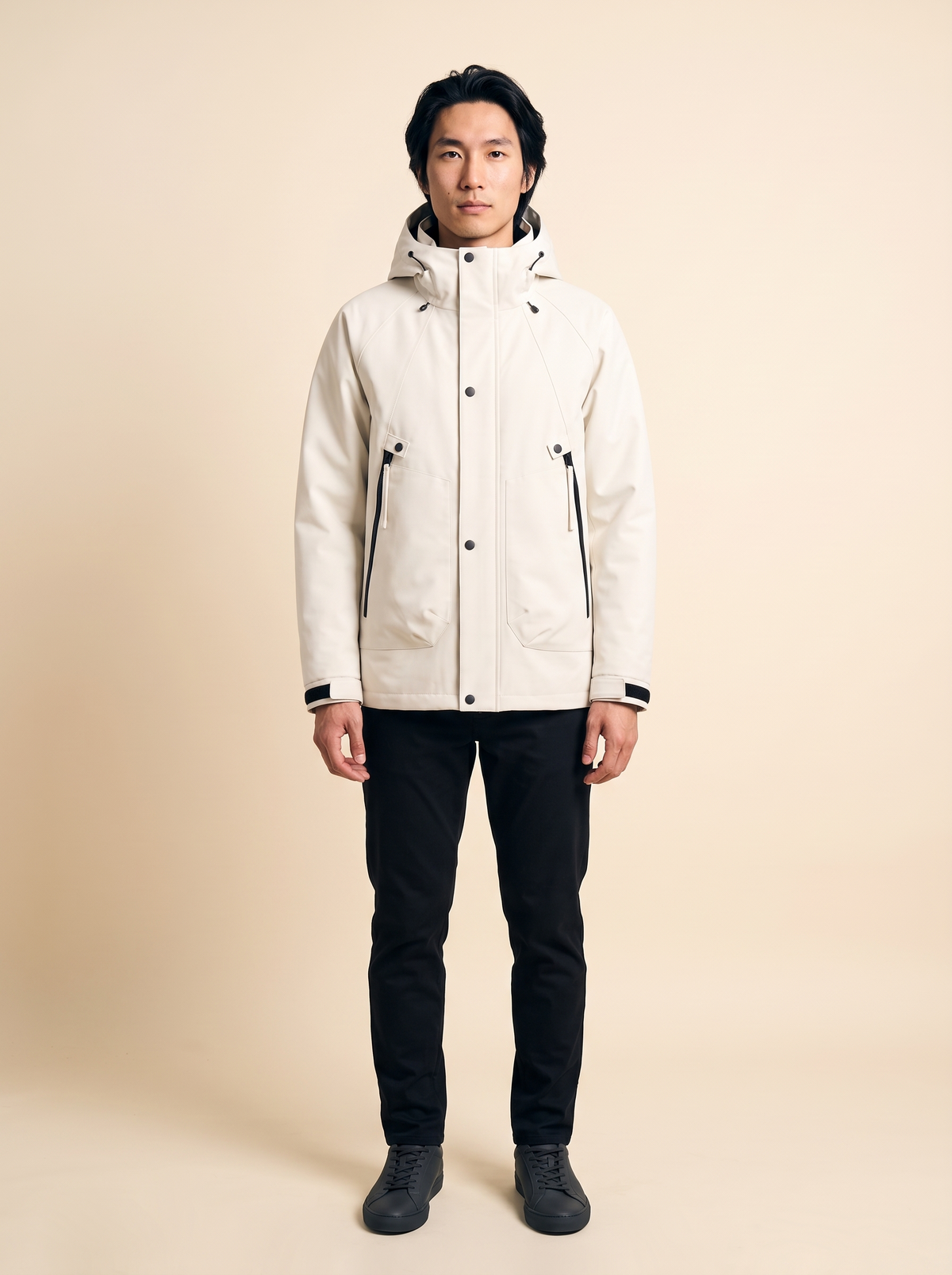 Hooded Shell Jacket – White – on model