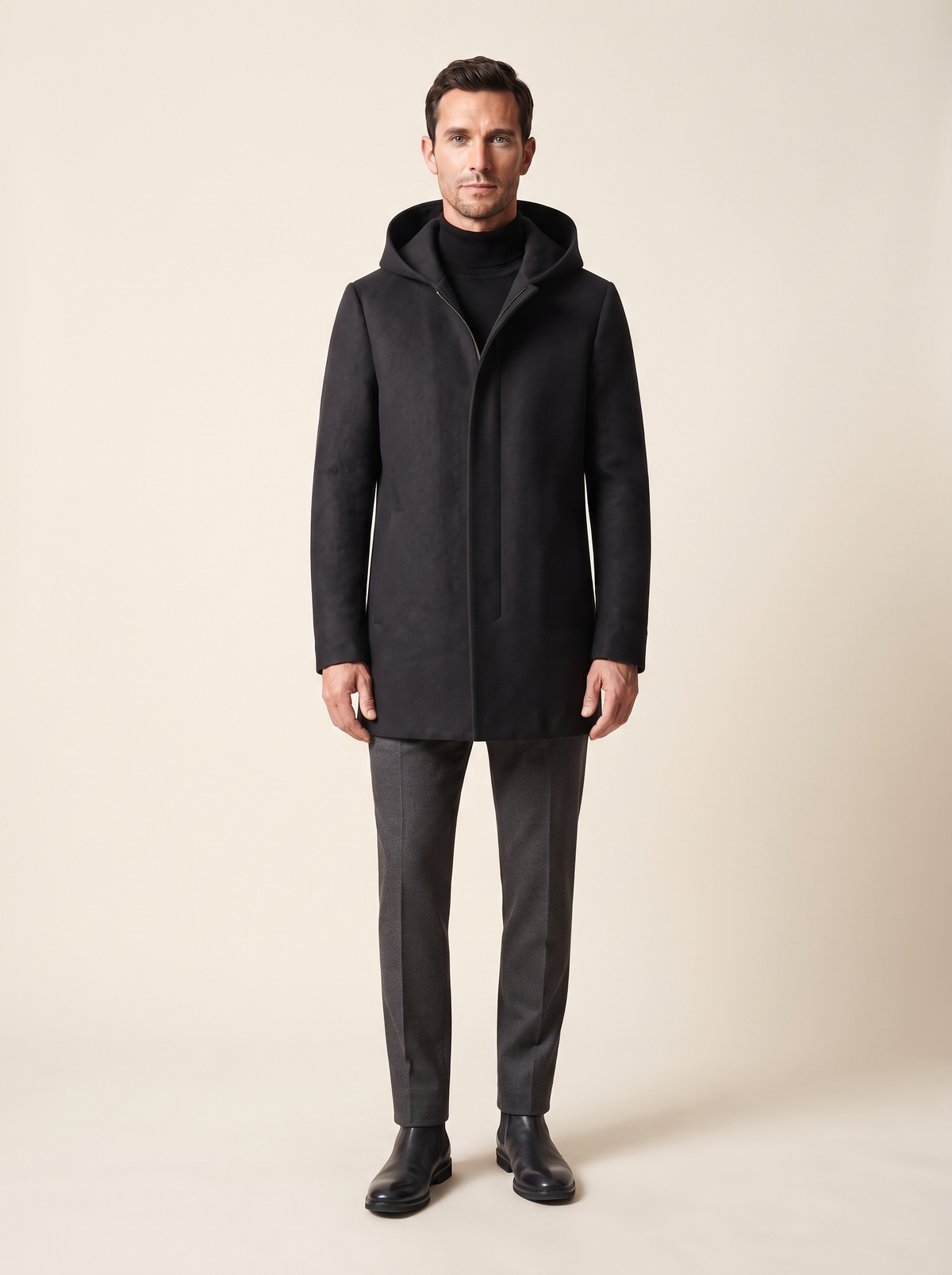 Hooded Zip Wool-Look Coat – Black – on model