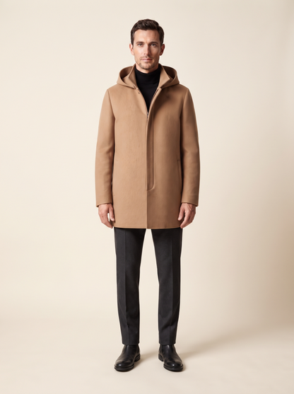 Hooded Zip Wool-Look Coat – Camel – on model