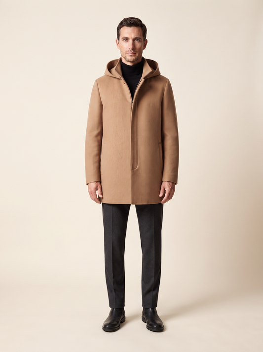 Hooded Zip Wool-Look Coat – Camel – on model