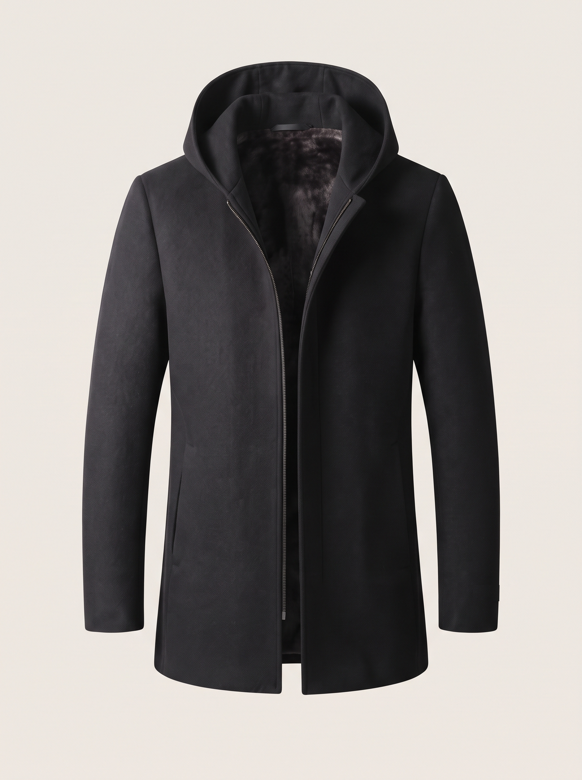Hooded Zip Wool-Look Coat – Black – product view