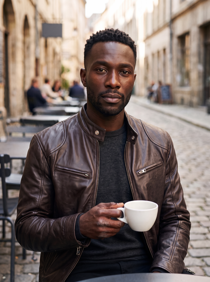 Leather-Look Biker Jacket – Dark Brown – café