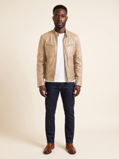 Leather-Look Biker Jacket – Beige – on model