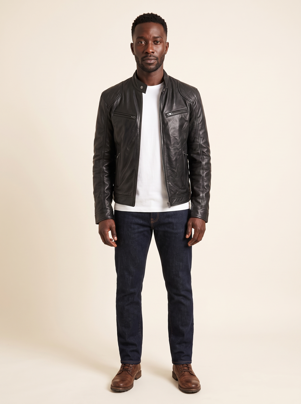 Leather-Look Biker Jacket – Black – on model