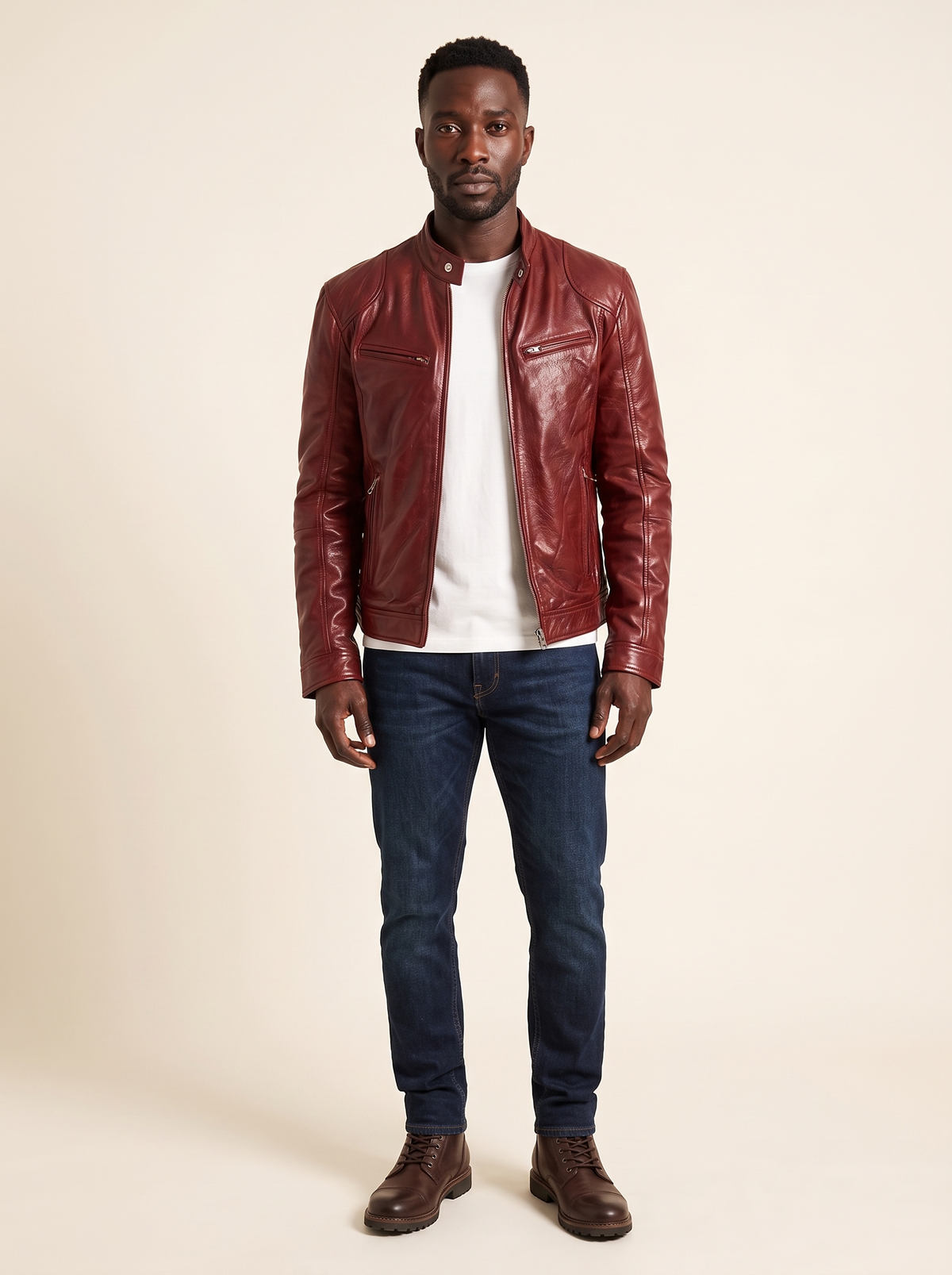 Leather-Look Biker Jacket – Burgundy – on model