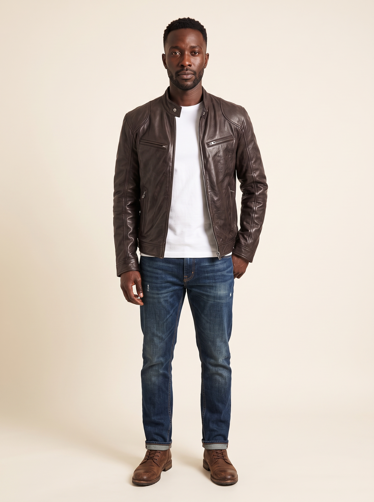 Leather-Look Biker Jacket – Dark Brown – on model