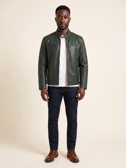 Leather-Look Biker Jacket – Dark Green – on model