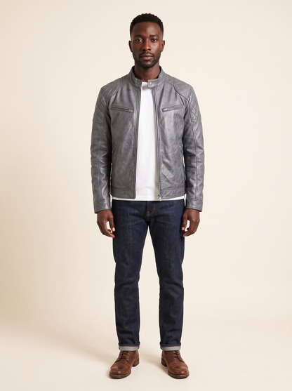 Leather-Look Biker Jacket – Grey – on model