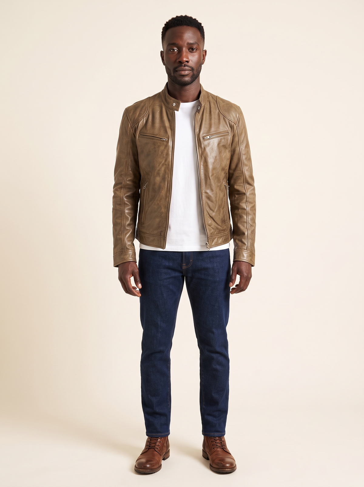 Leather-Look Biker Jacket – Khaki – on model