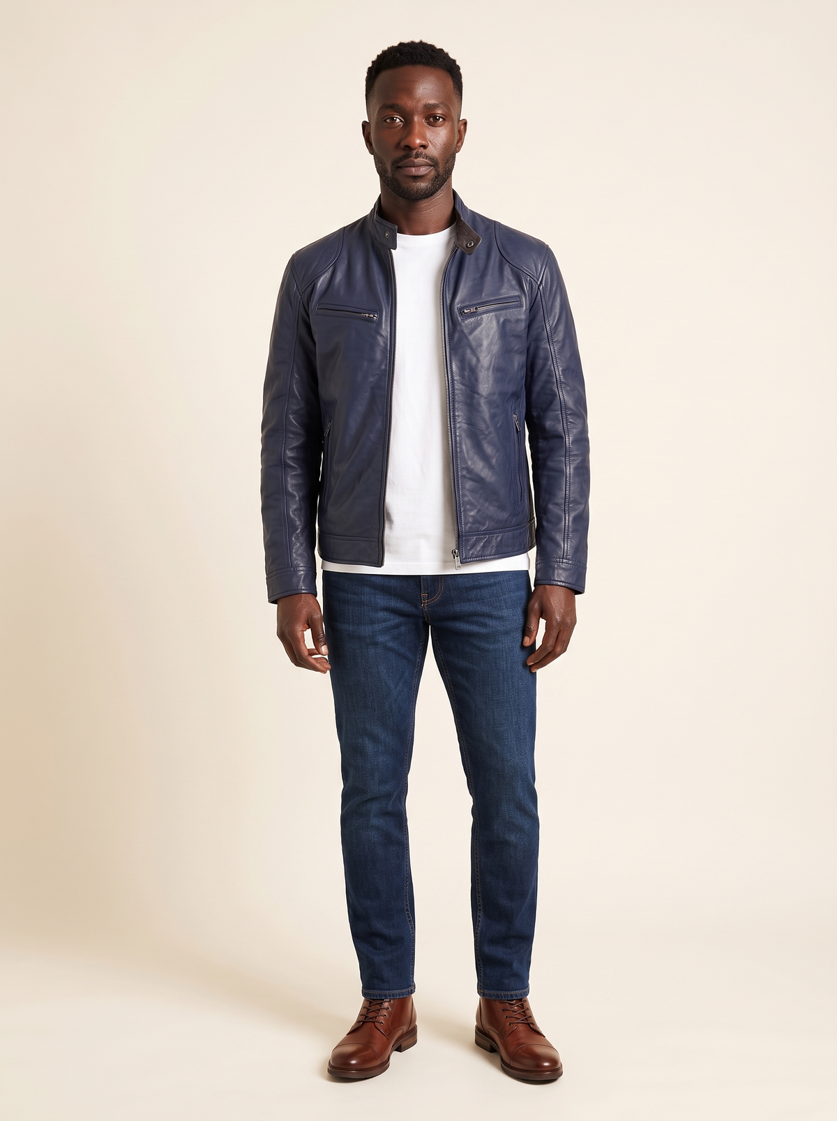 Leather-Look Biker Jacket – Navy Blue – on model