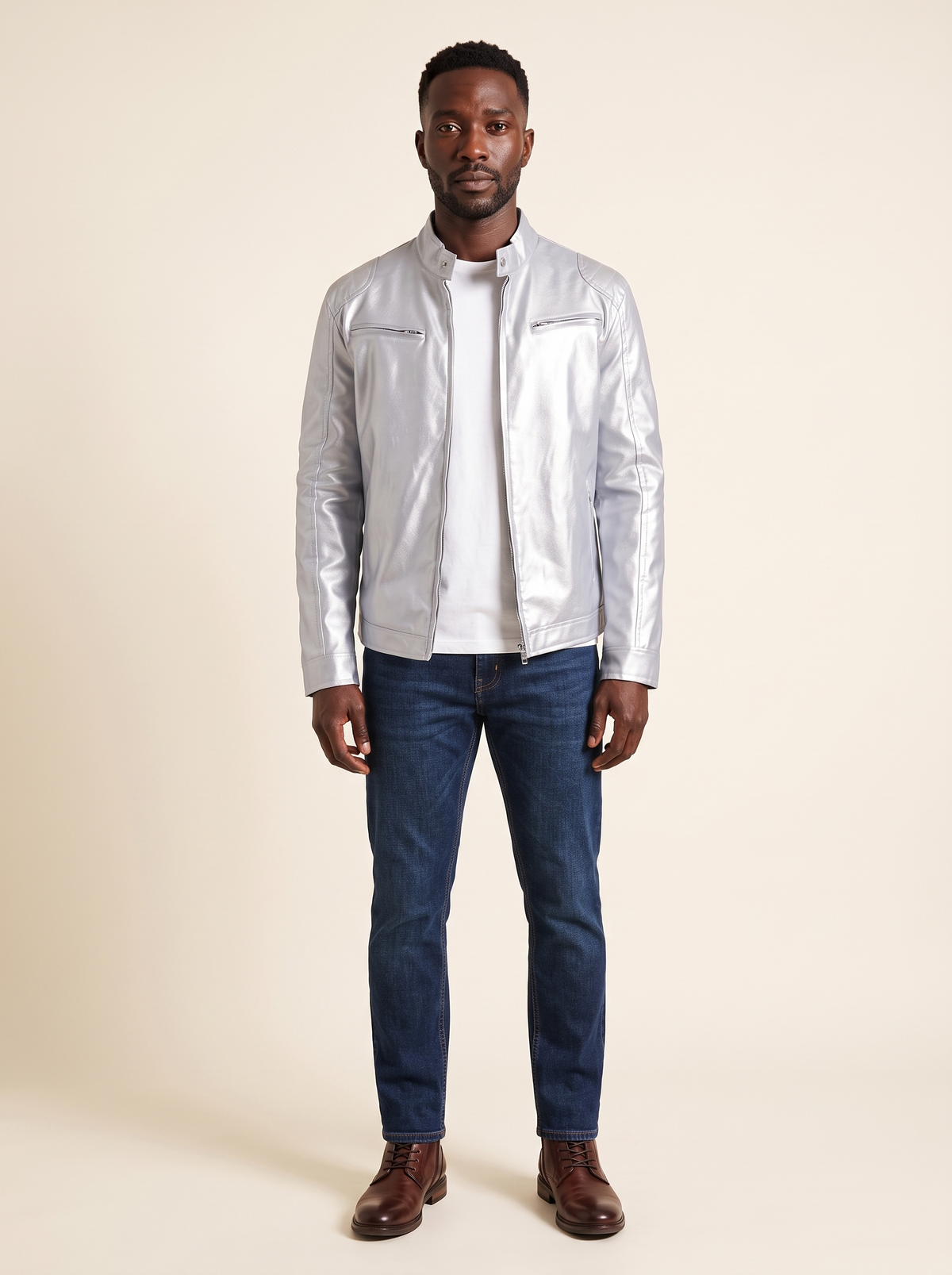Leather-Look Biker Jacket – Silver – on model