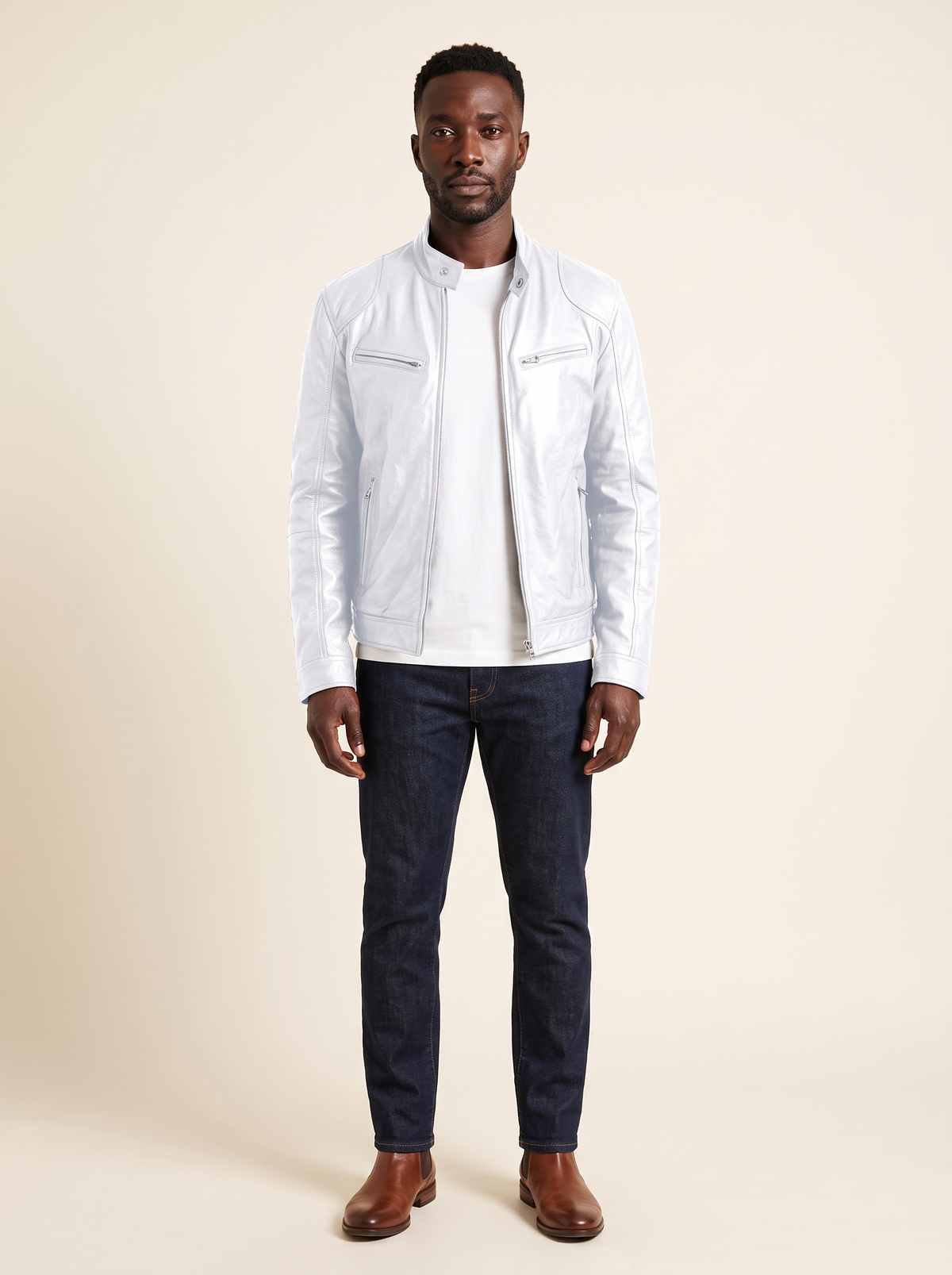 Leather-Look Biker Jacket – White – on model