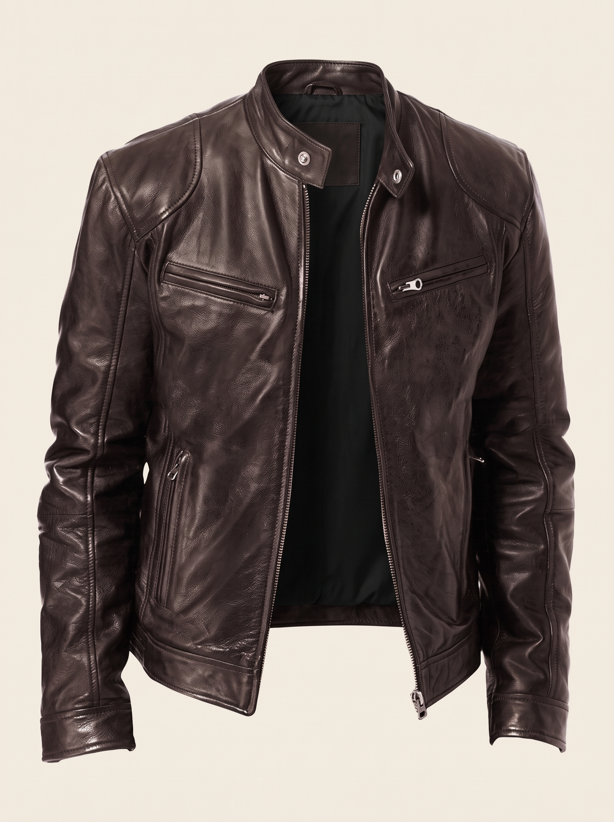 Leather-Look Biker Jacket – Dark Brown – product view