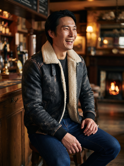 Distressed Leather-Look Sherpa Jacket – Black – sherpa lining detail